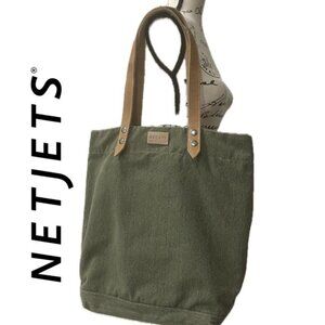 NETJETS OLIVE GREEN TOTE BAG BOHO CANVAS LEATHER TRAVEL CARAVAN MILITARY